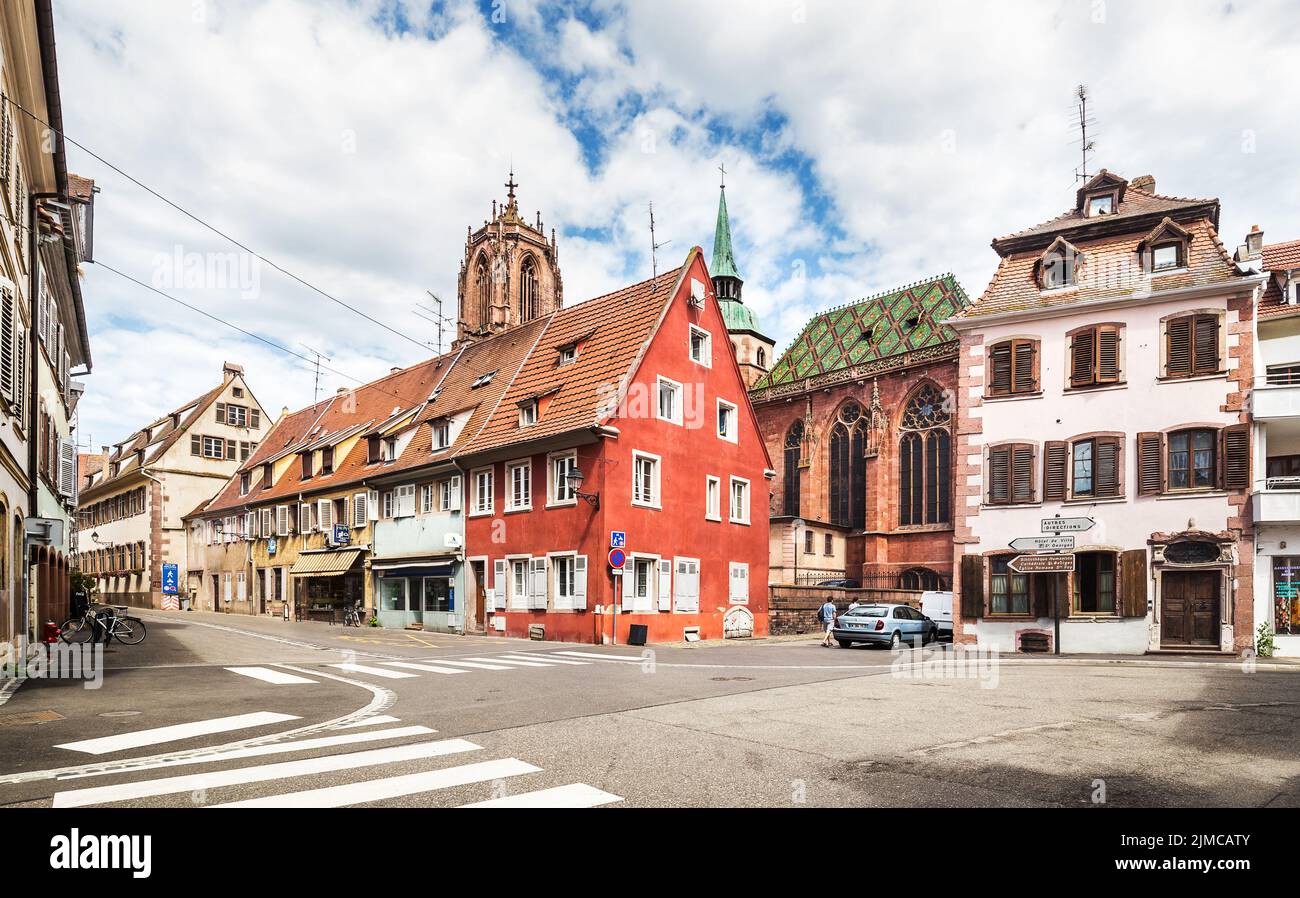 Street with old half-timbered houses in Selestat, Alsace, France Stock Photo