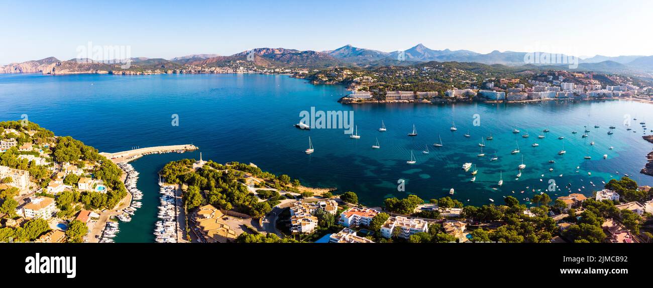 Aerial view, flight to Santa Ponca and the marina, Mallorca, Spain Stock Photo