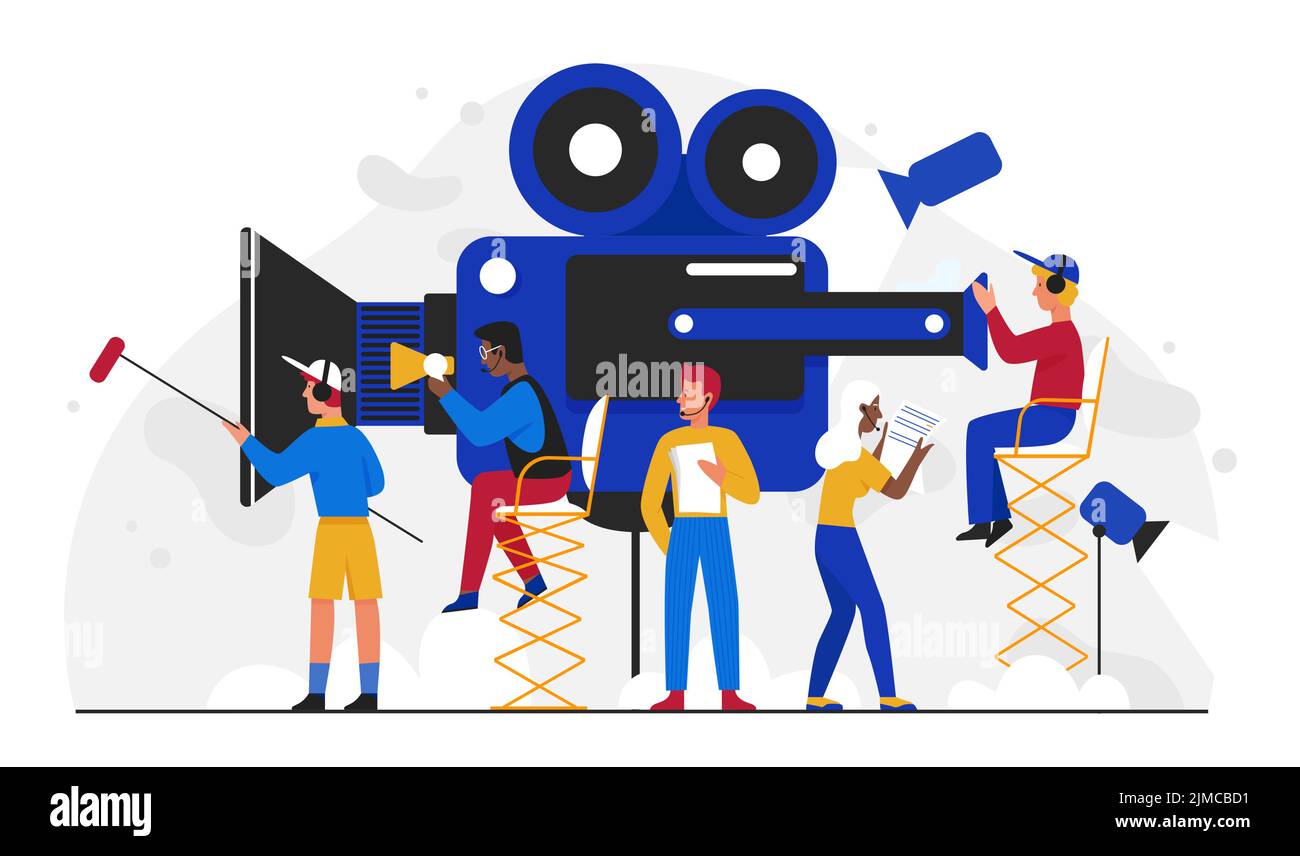 Backstage from video reportage, cinema production. Cartoon professional team of producer with megaphone, operator with camera broadcasting in studio flat vector illustration. TV, mass media concept Stock Vector