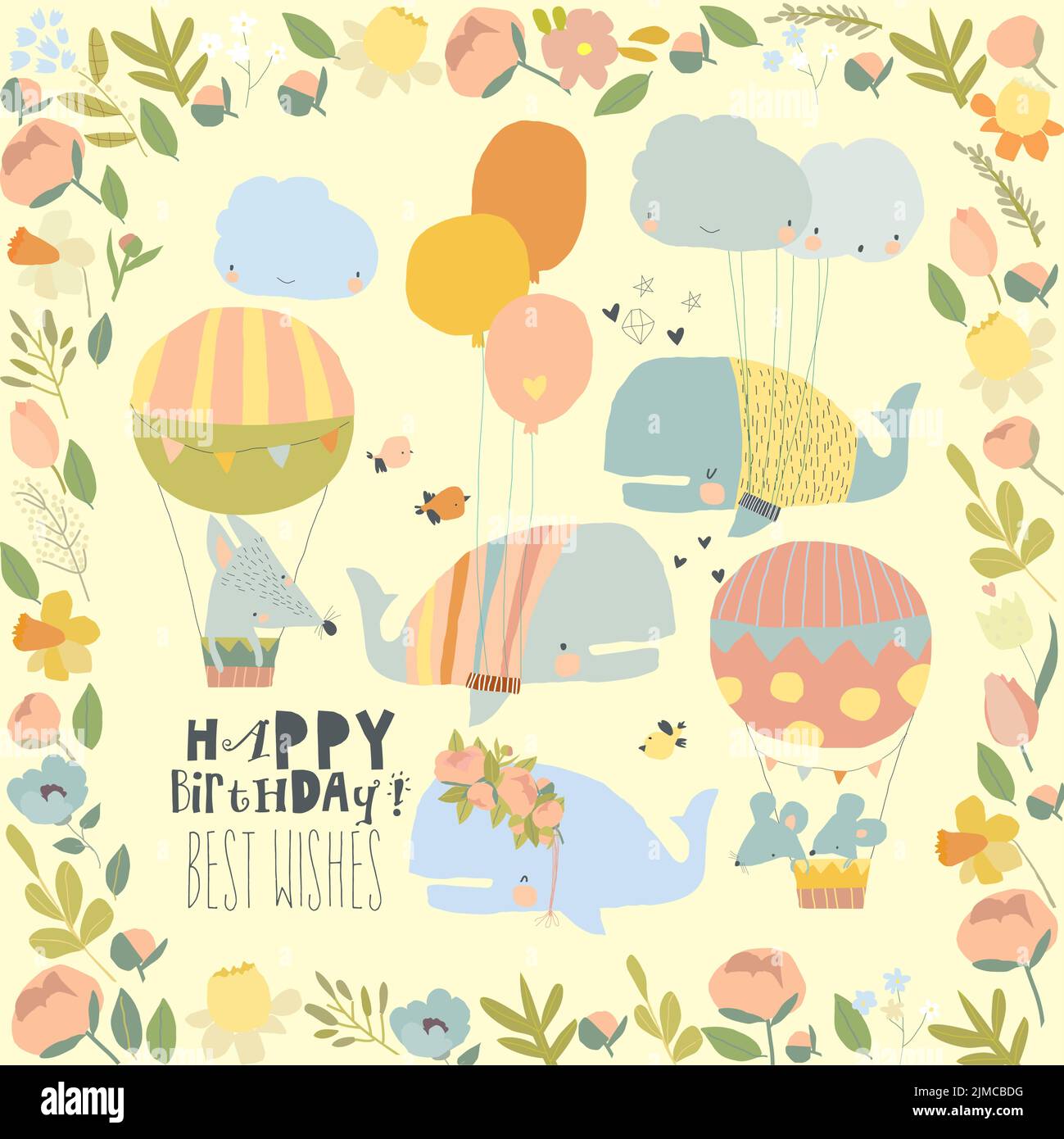 Cartoon Card with Cute Whales celebrating Birthday Stock Vector Image ...