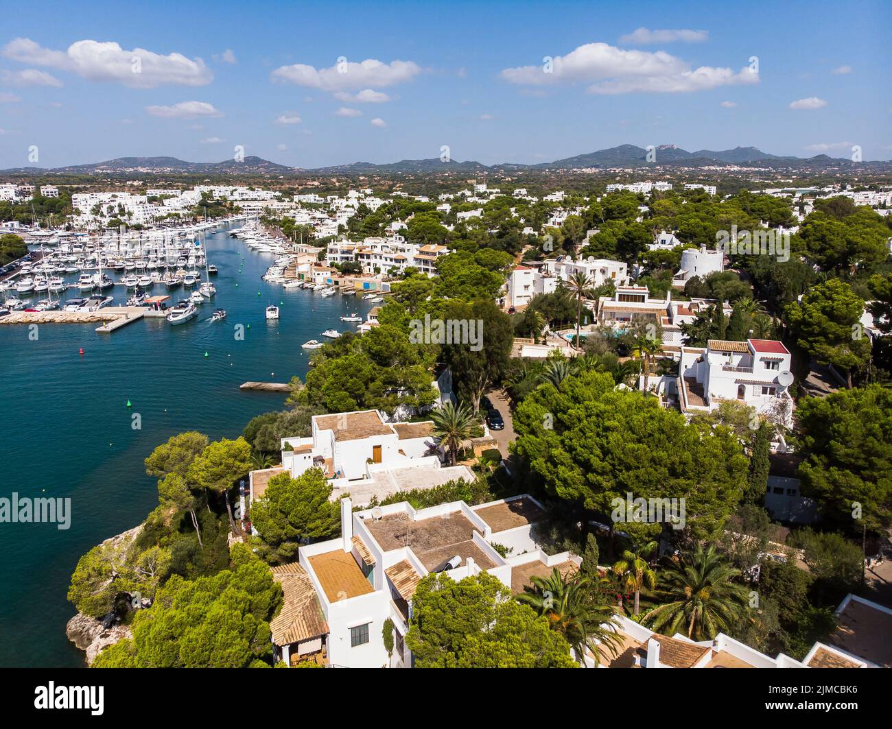 Aerial view, Spain, Balearic Islands, Majorca, Cala D'or Cala Ferrera with houses and villas Stock Photo