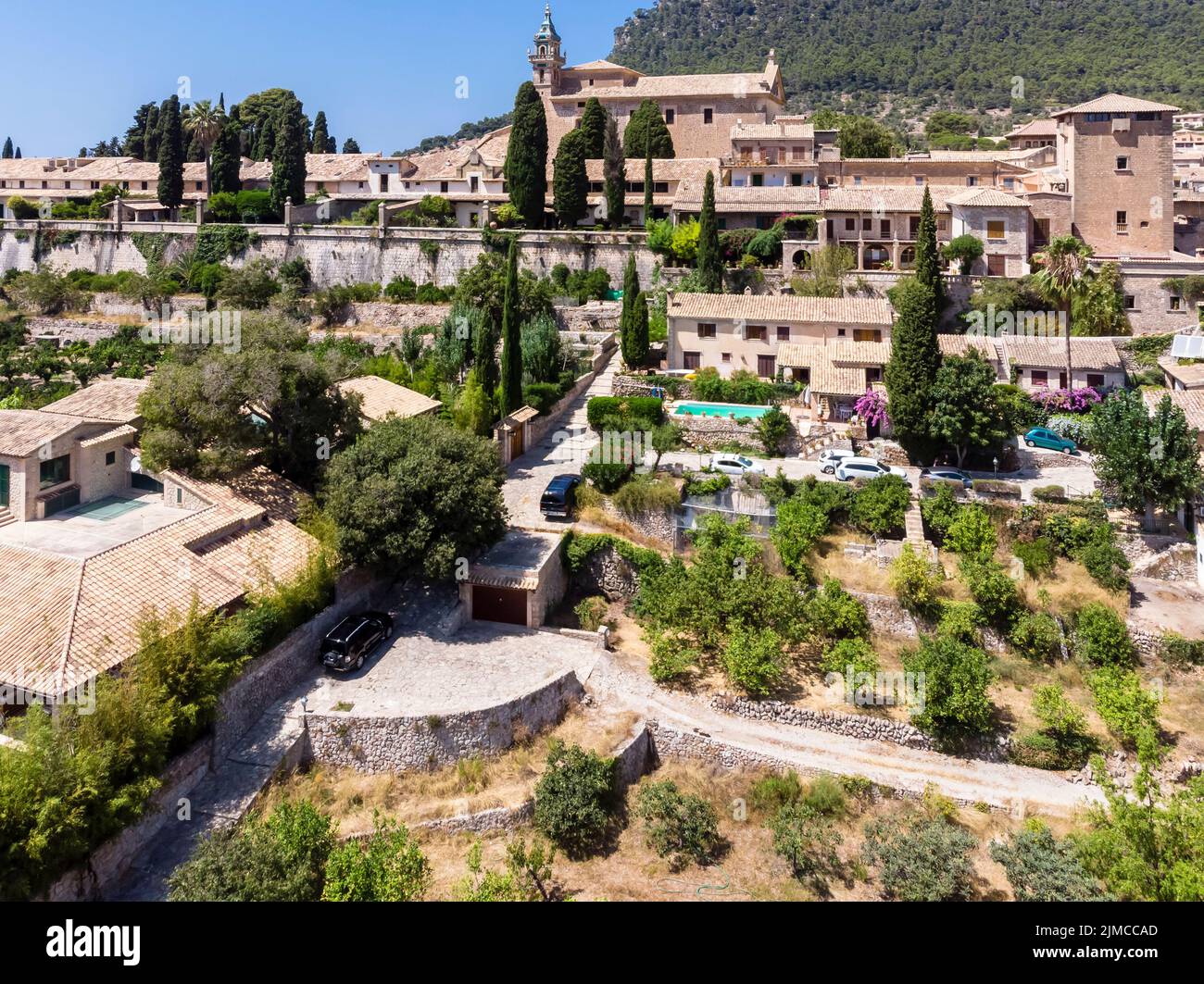 Aerial photo, Spain, Balearic Islands, Mallorca, Serra de Tramuntana, Soller region, historic mounta Stock Photo