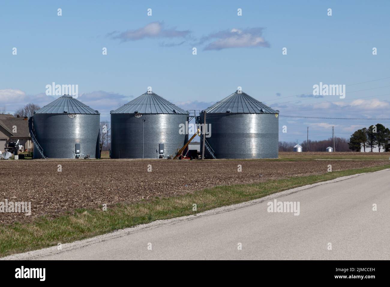 Illinois, USA March 26, 2022 GSI storage grain bins are seen in the