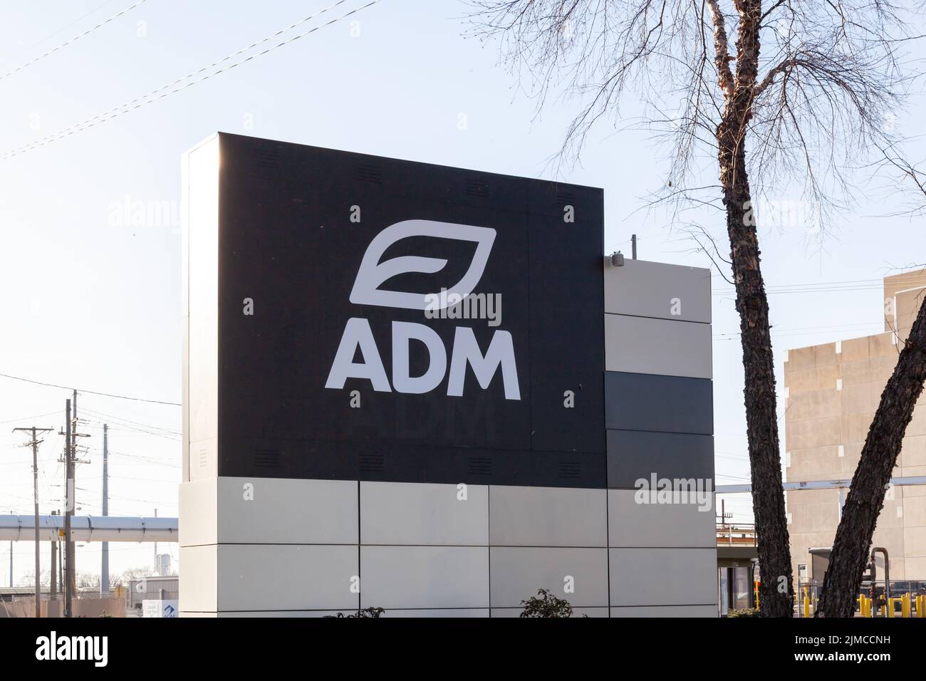 Decatur, Illinois, USA - March 26, 2022: Closeup ADM logo sign at their facility in Decatur, Illinois, USA. Stock Photo