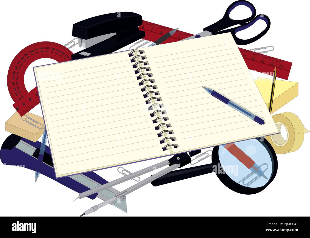 Knowledge day composition, spiral notebook with copy space and school supplies behind vector illustration Stock Vector