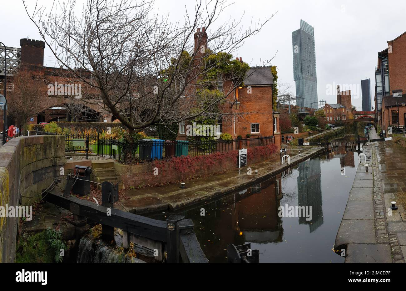 Atmospheric scene  of  the restored Victorian canal system in Castlefield area of Manchester Stock Photo