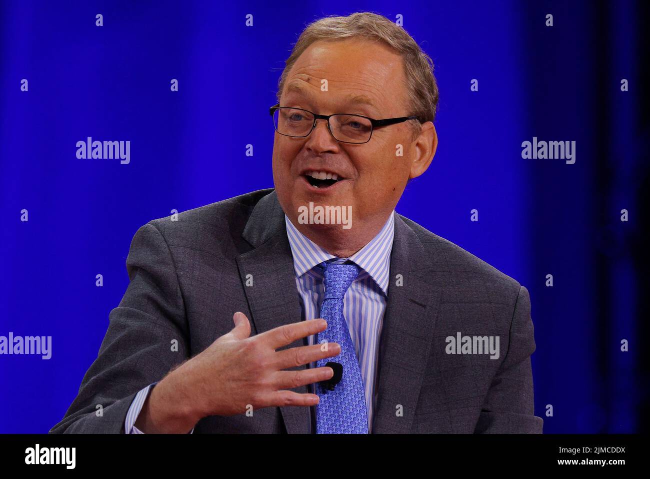 Kevin Hassett, former White House Chair of the Council of Economic Advisors, speaks at the Conservative Political Action Conference (CPAC) in Dallas, Texas, U.S., August 5, 2022.  REUTERS/Brian Snyder Stock Photo