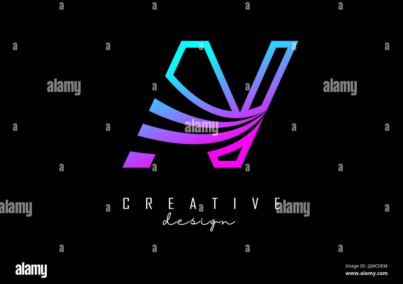Outline colorful leading lines letters AV a v logo with road concept design. Letters with geometric and negative space design. Vector Illustration wit Stock Vector