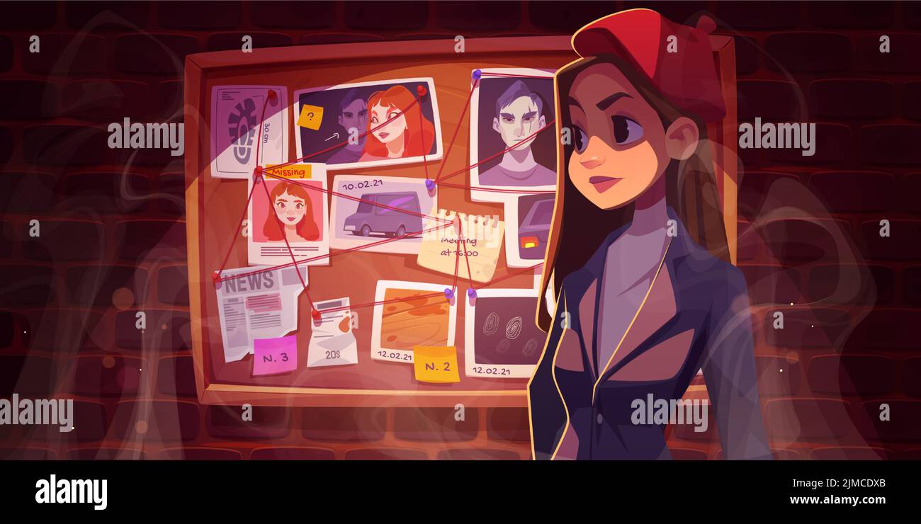 Detective girl stand at board with evidence and criminal photos connected with red thread. Young woman in police office, female inspector character investigate crime, Cartoon vector illustration Stock Vector