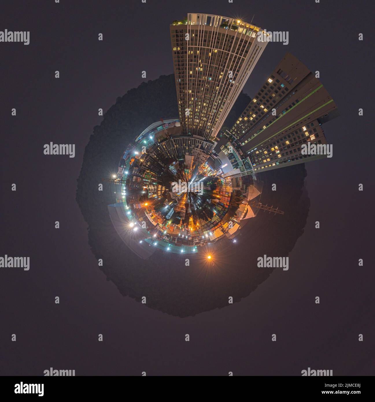 Aerial 360 degrees Panorama of aerial view of small city concept at night Stock Photo
