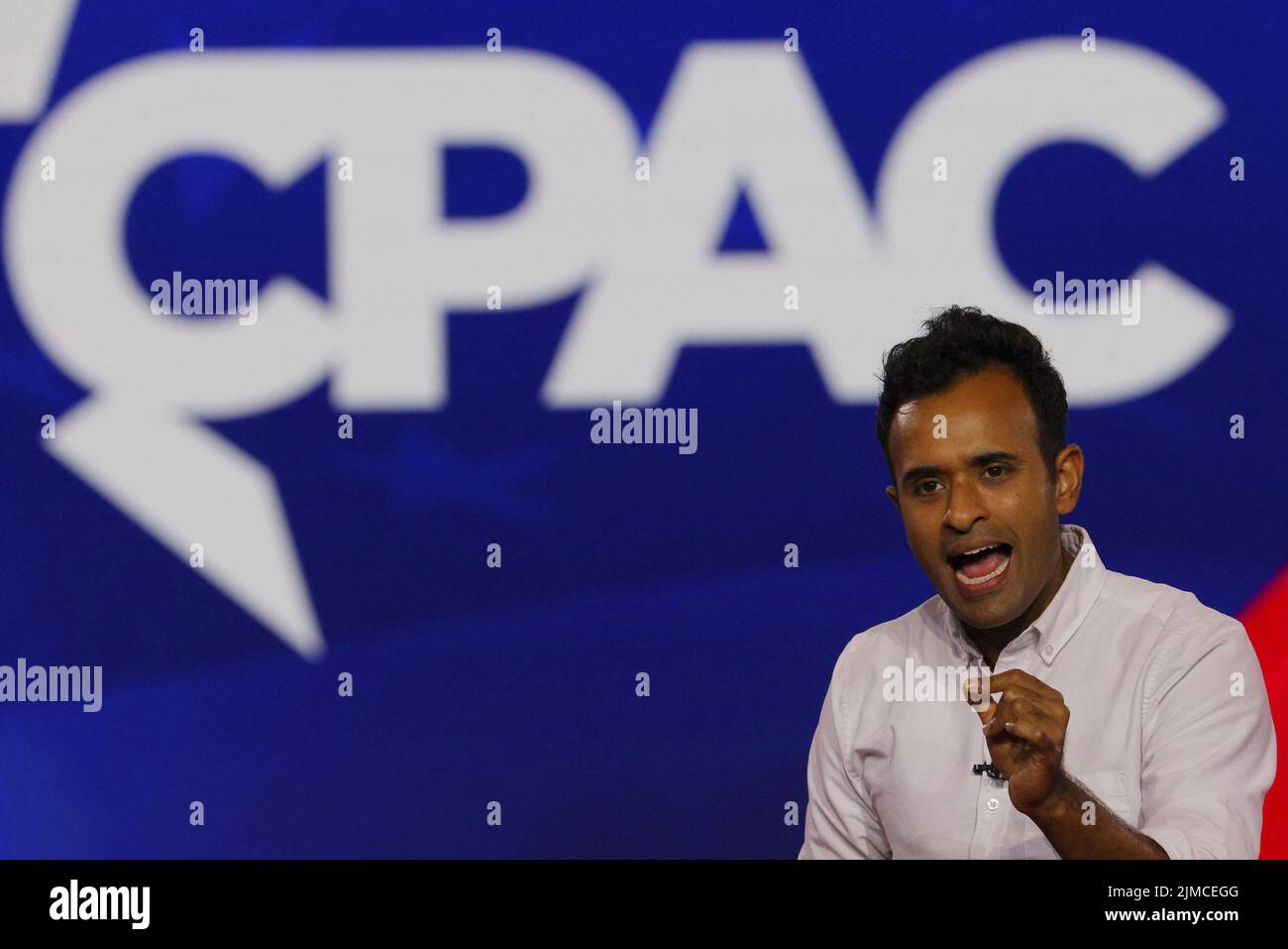 Author Vivek Ramaswamy speaks at the Conservative Political Action Conference (CPAC) in Dallas, Texas, U.S., August 5, 2022.  REUTERS/Brian Snyder Stock Photo