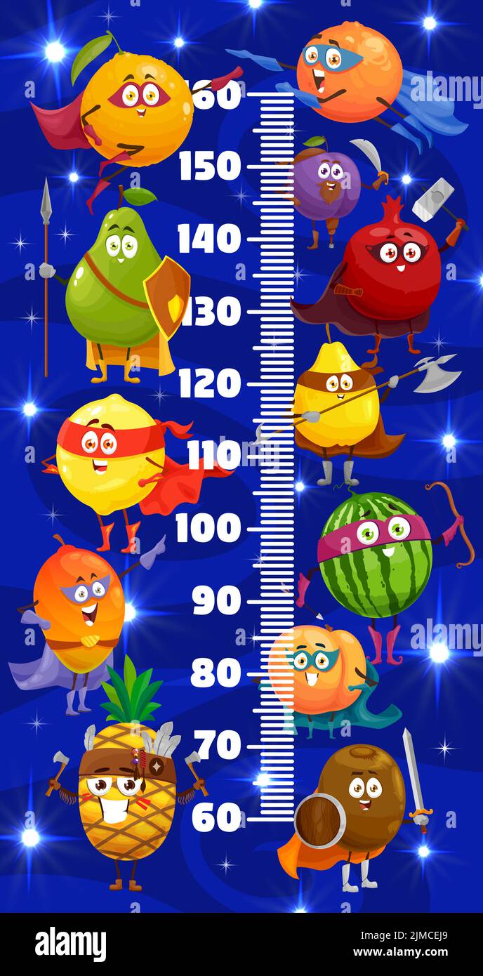 Kids height chart with cartoon superhero fruits characters, vector