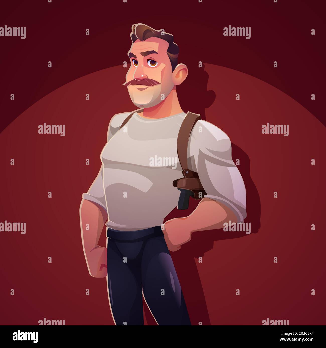 Private detective with gun in holster. Self confident man police officer, cop, crime investigator. Cartoon serious mustached male character stand with arm akimbo, game personage, Vector illustration Stock Vector
