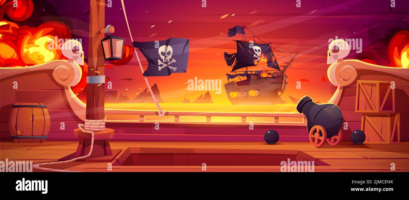 Pirate ship battle, wooden brigantine boat deck onboard view with cannon fire to enemy frigate with black jolly roger flag on seascape background, game scene of battleship, Cartoon vector illustration Stock Vector