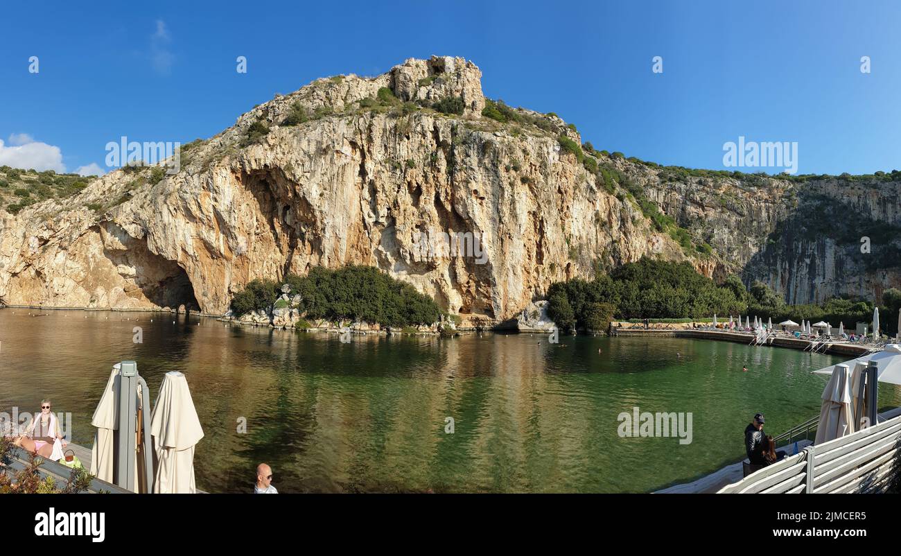 Panoramic view of Vouliagmenis Lake, an ideal place for relaxation and wellness treatment south of Athens Stock Photo