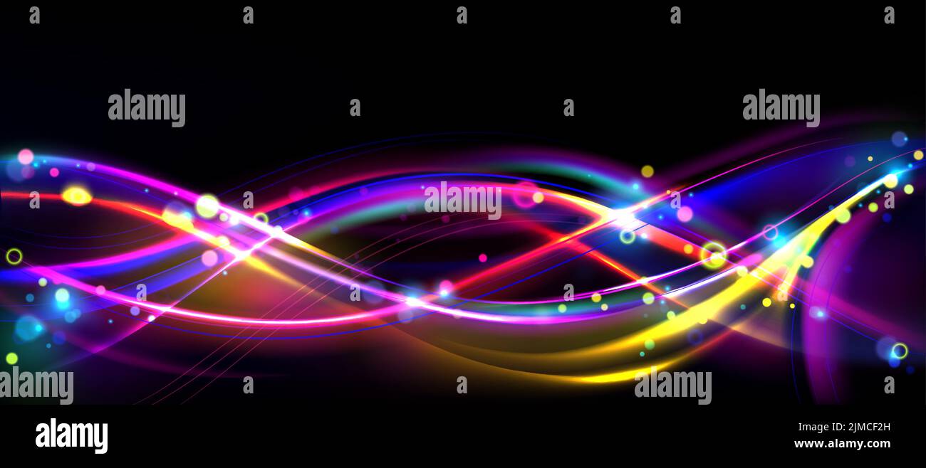 Light effect, hologram wave, curve colorful interwined lines, dna, magic flow or disco abstract background with neon glowing trails, sparks and flare. Swirls motion Realistic 3d vector illustration Stock Vector