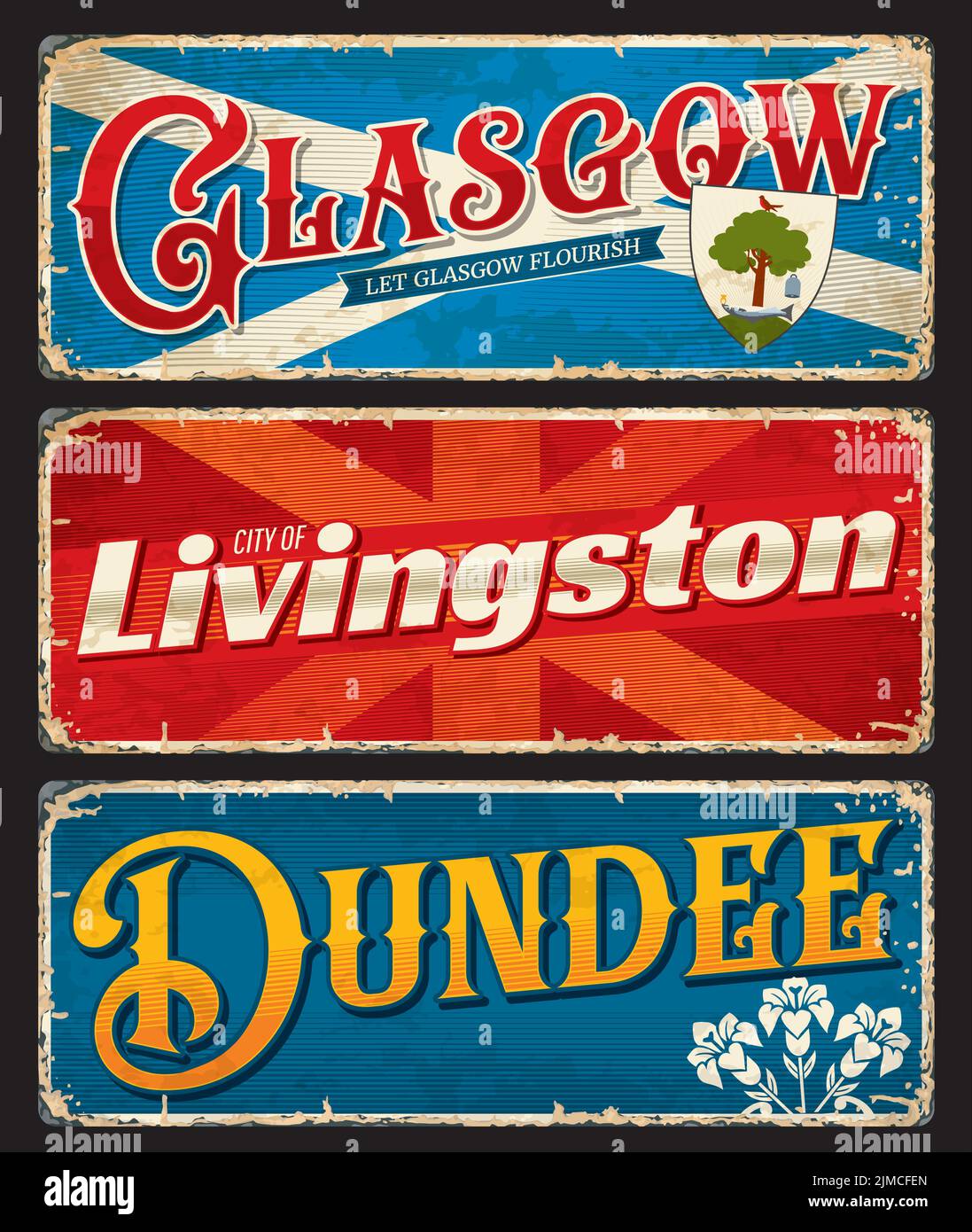 Glasgow, Livingston, Dundee, UK Scotland city travel stickers and luggage tags, vector bag labels. Britain vacations and UK journey trip retro tin sig Stock Vector