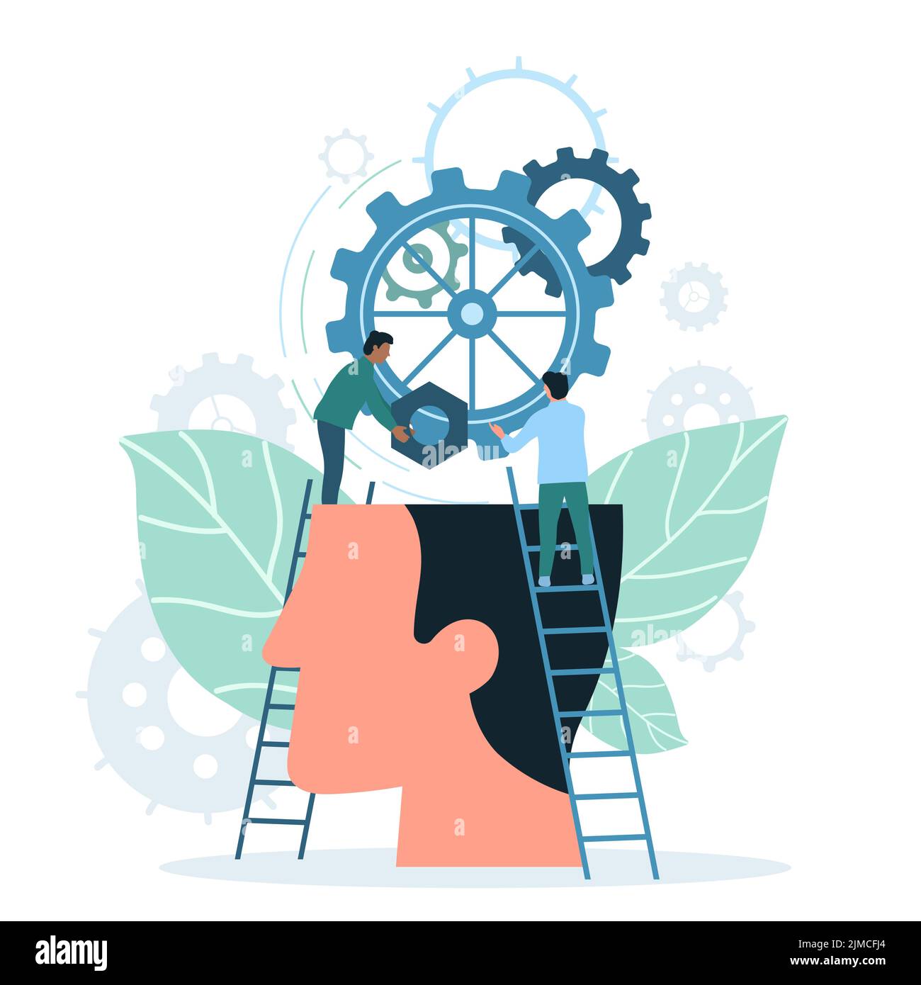 Brainstorm, project developement and skills growth in workers brain. Cartoon tiny people work with gears and connect cogwheels in abstract human head flat vector illustration. Expertise concept Stock Vector