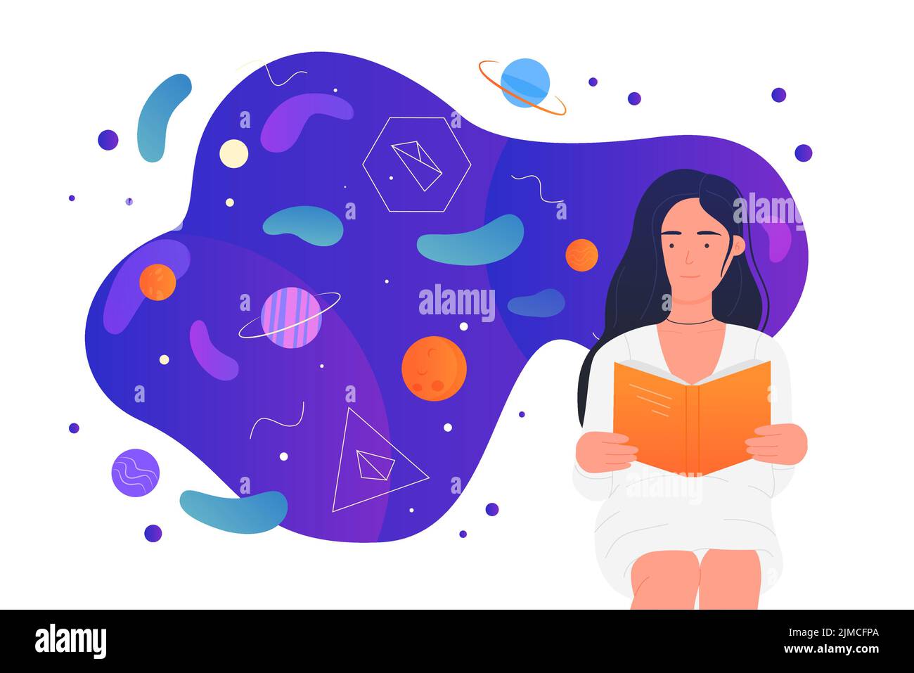 Science research and education. Cartoon woman reading open book with scientific publication or articles, symbols of knowledge flying over girl flat vector illustration. Literature, study concept Stock Vector
