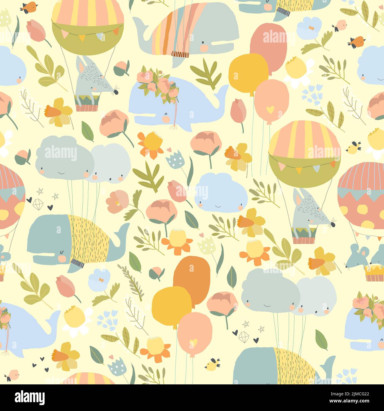 Seamles Pattern with Cute Whales celebrating Birthday Stock Vector