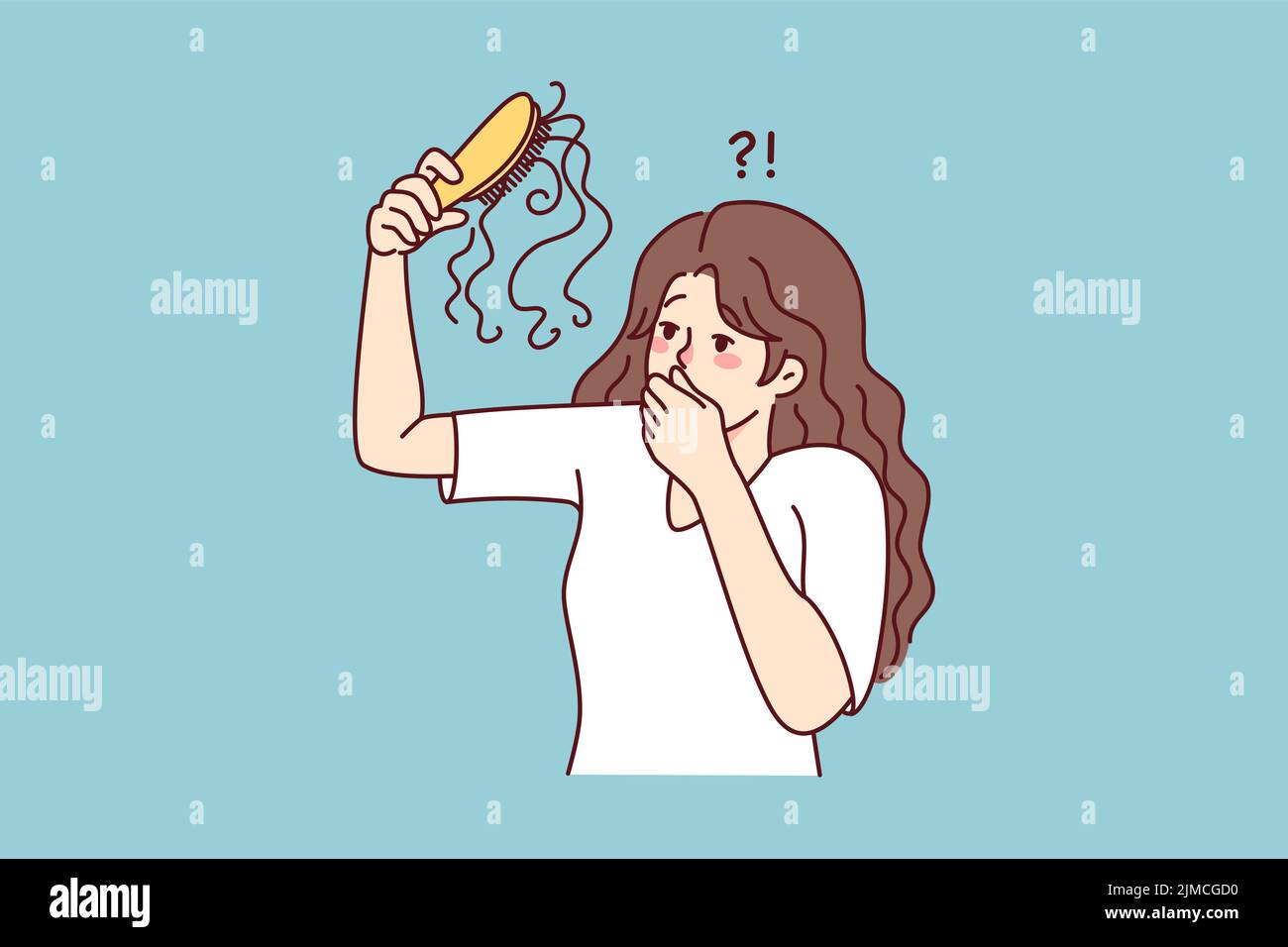 Unhappy woman frustrated with hair loss. Upset female stressed with hair thinning need medical treatment or procedure. Vector illustration.  Stock Vector