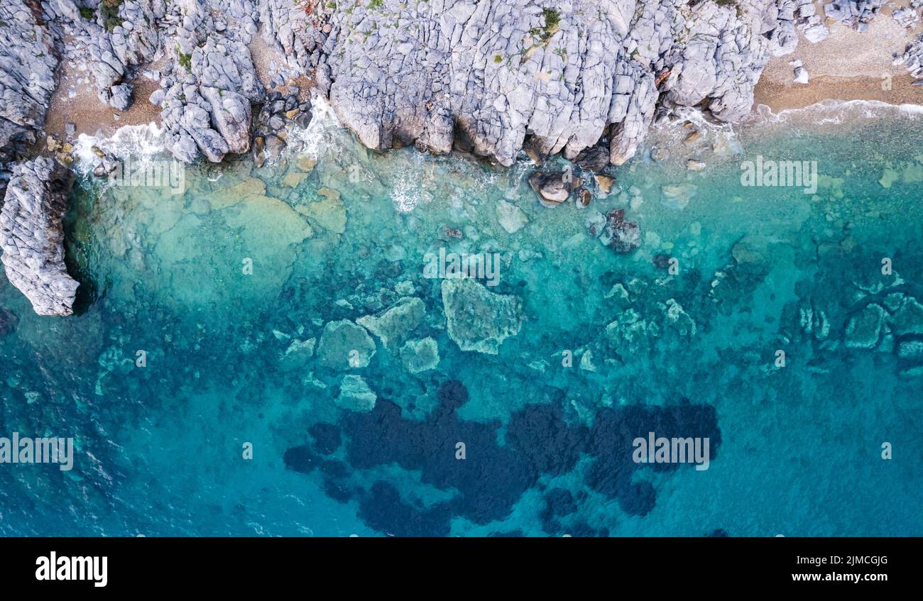 drone perspective of Kassandra cliffs near Paliouri, Greece. stunning natural seashore. High quality photo Stock Photo