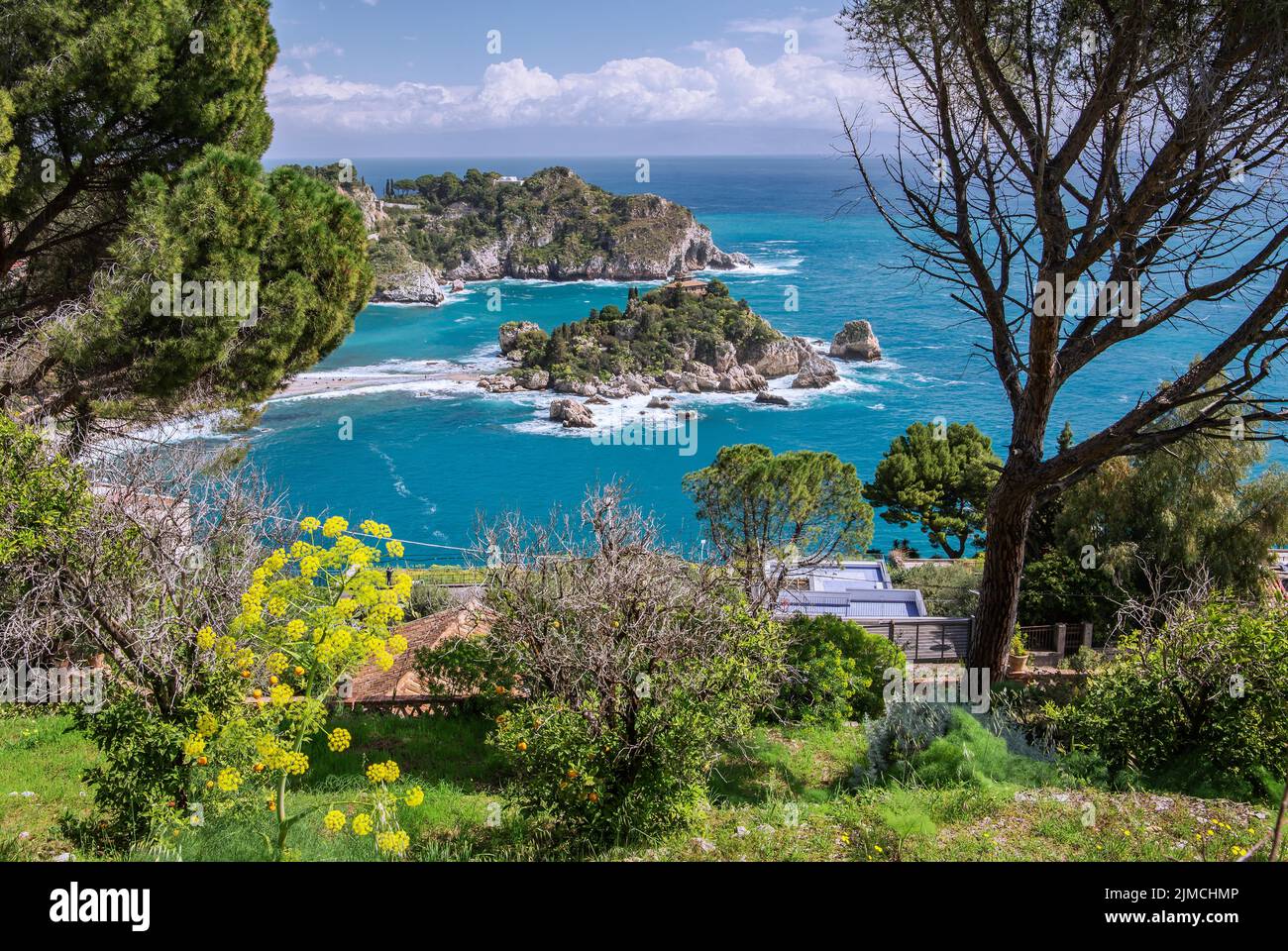 Coastal landscape with Isola Bella in spring, Taormina, east coast ...