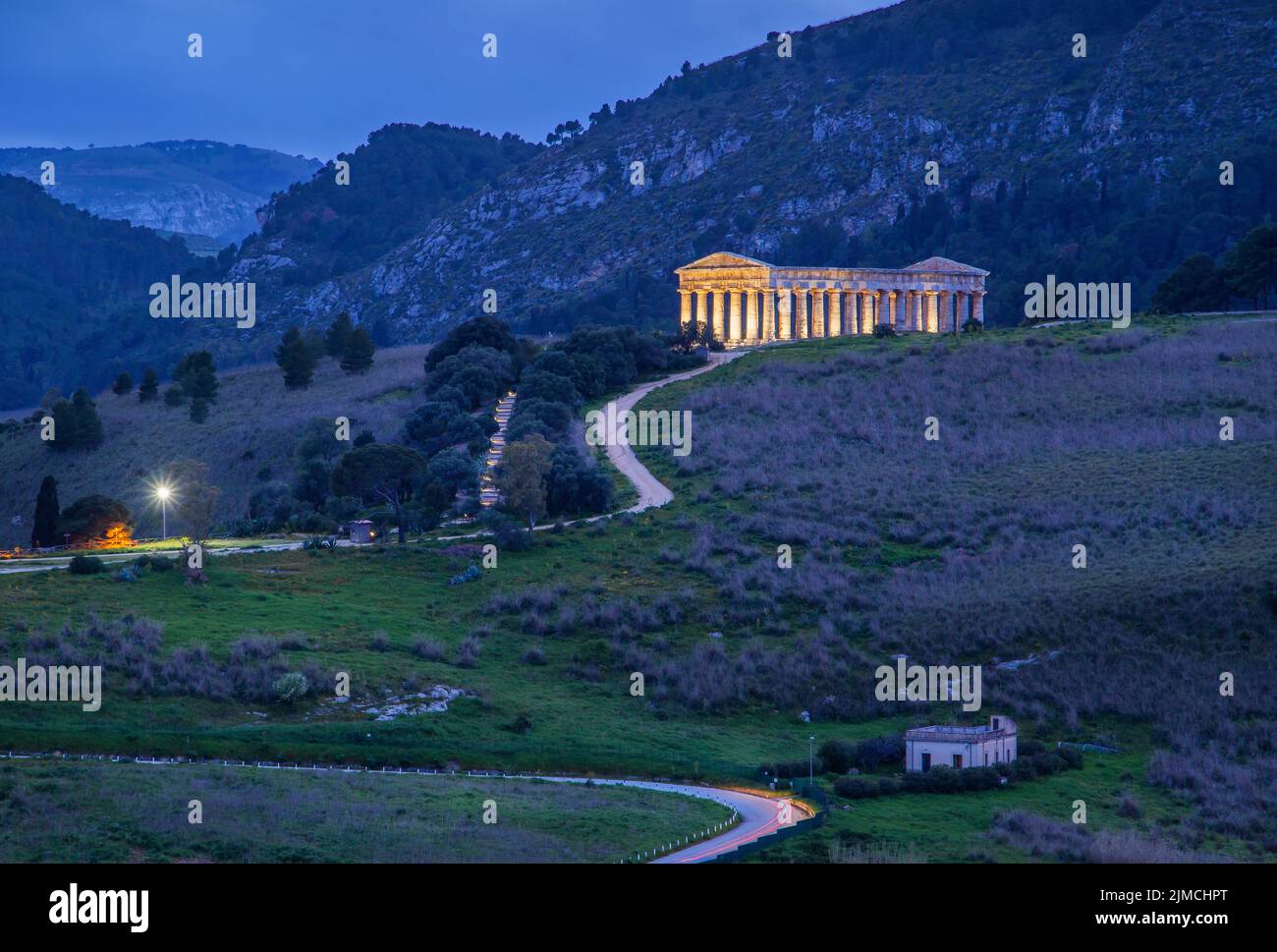 Temple of Segesta at dusk, Calatafimi, Northwest, Sicily, Italy Stock Photo