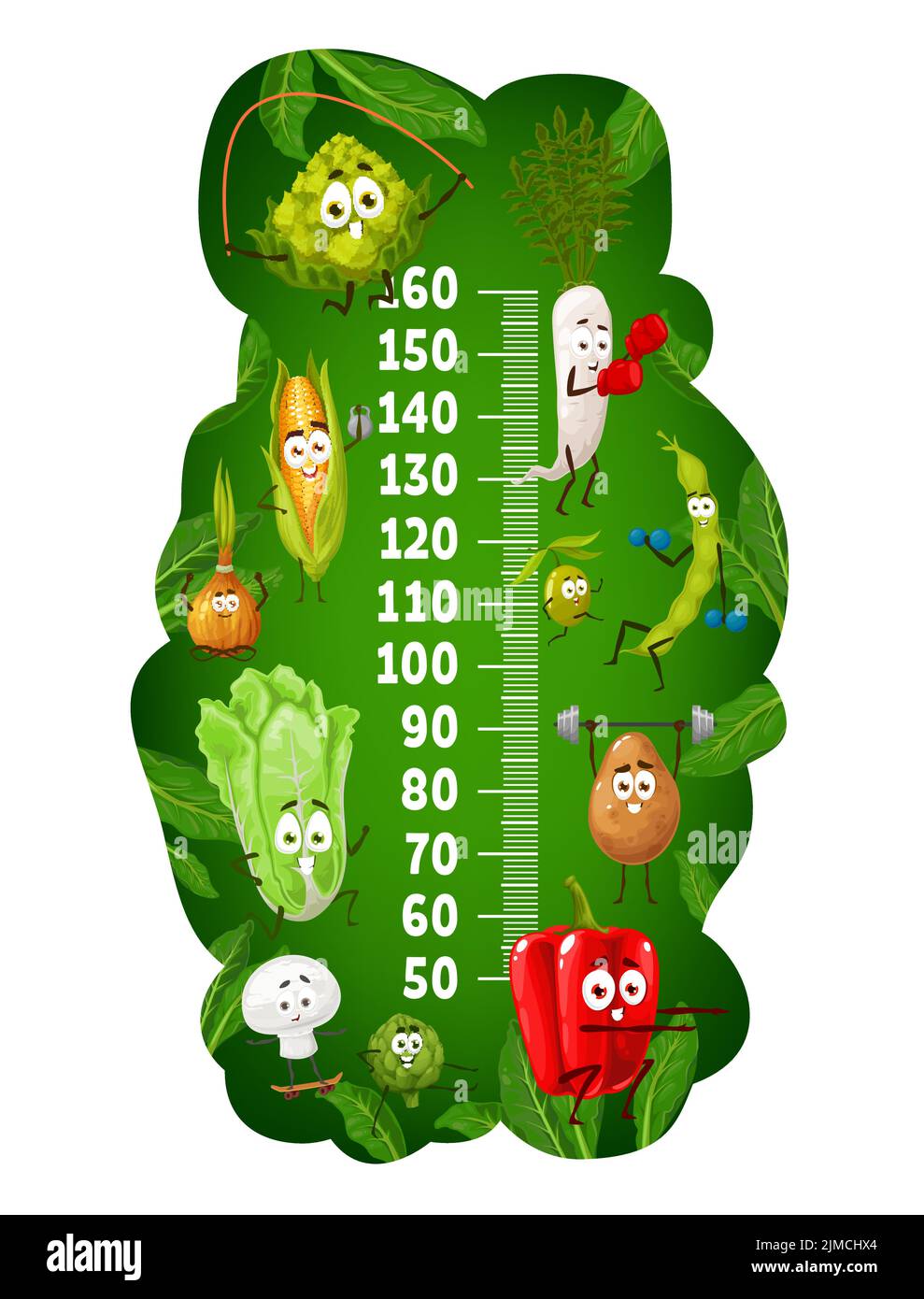 Kids height chart, healthy and fitness vegetables characters, vector