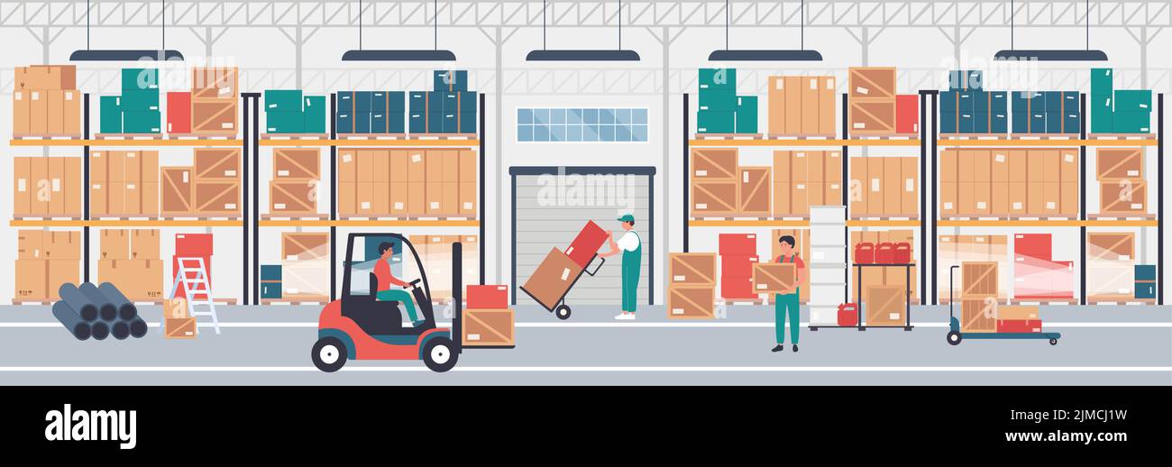 Warehouse distribution service and storage. Cartoon workers carry cardboard boxes, man using forklift and loading parcels in industrial hangar interior background. Factory, storehouse concept Stock Vector