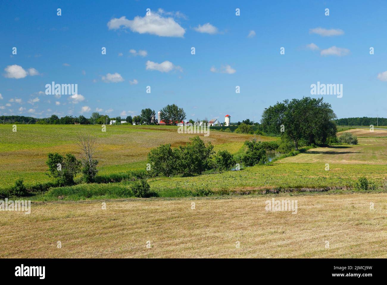 Field, creek, farmland landscape, Province of Quebec, Canada Stock Photo