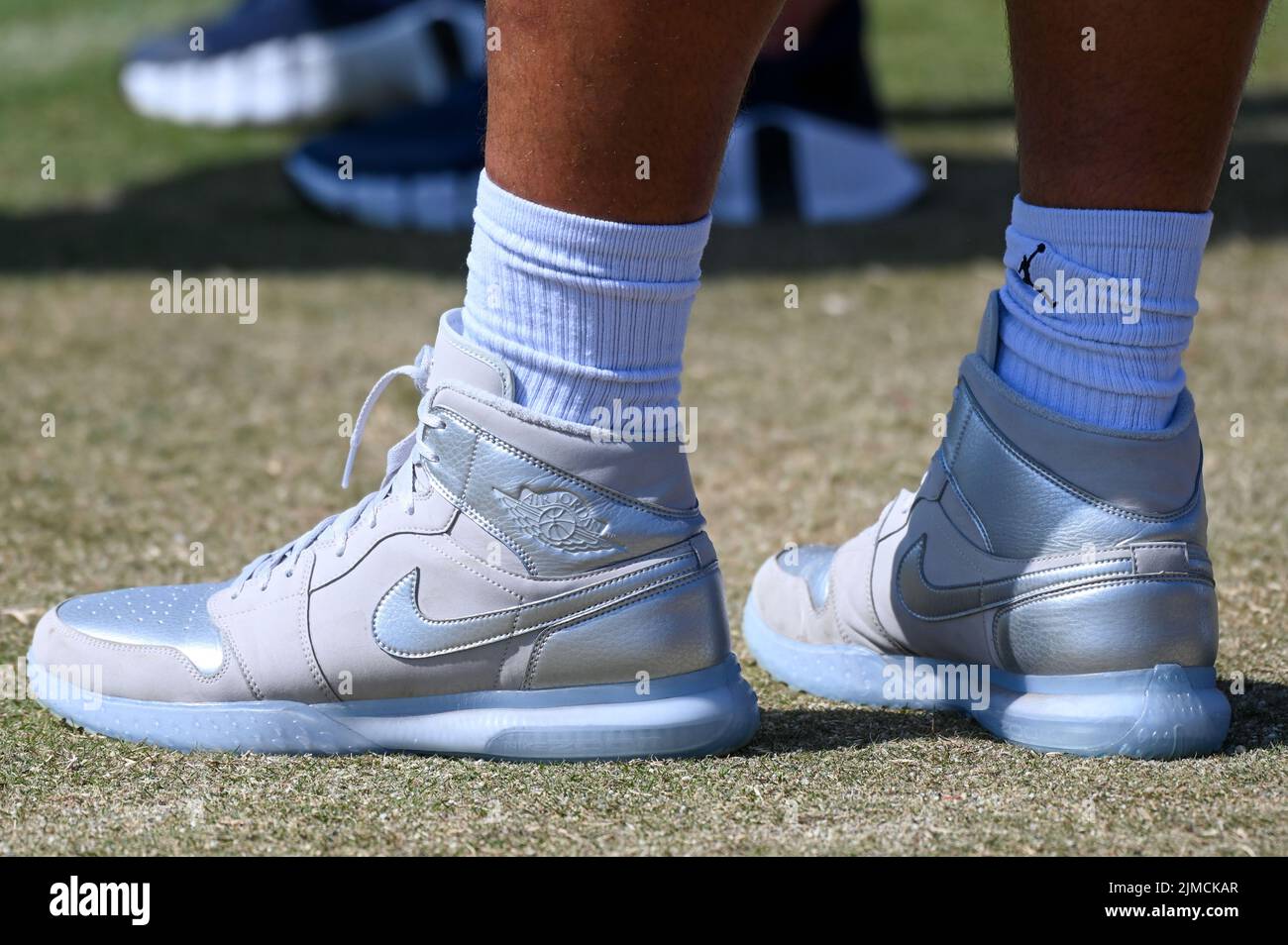 Detailed view of the custom Air Jordan 1 shoes worn by Dallas Cowboys quarterback Dak Prescott (4) during training camp, Wednesday, Aug. 3, 2022, in Oxnard, Calif. (Dylan Stewart/Image of Sport) Stock Photo