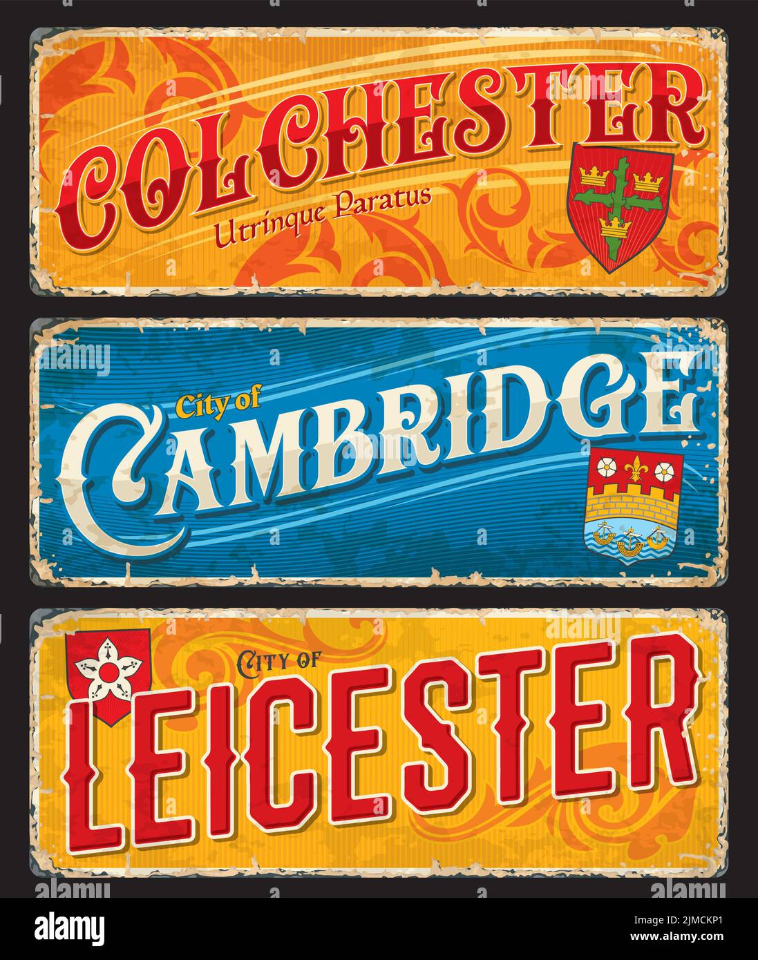 Leicester, Colchester, Cambridge, UK travel sticker labels or vector vintage plates. England Britain vacations and journey trip luggage tags and retro Stock Vector