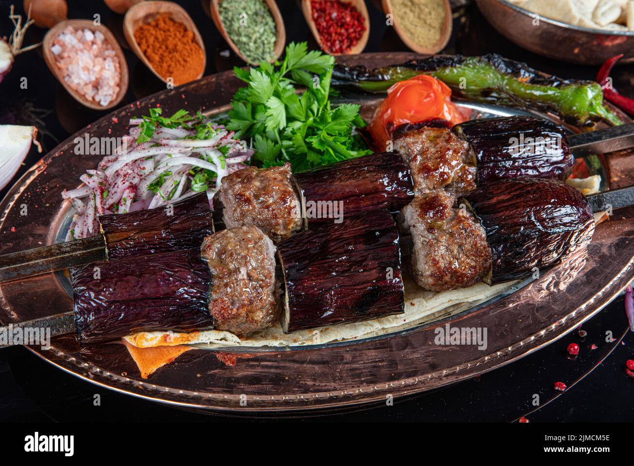 Traditional Turkish kebabs. Eggplant kebab, Adana kebab. With tomatoes