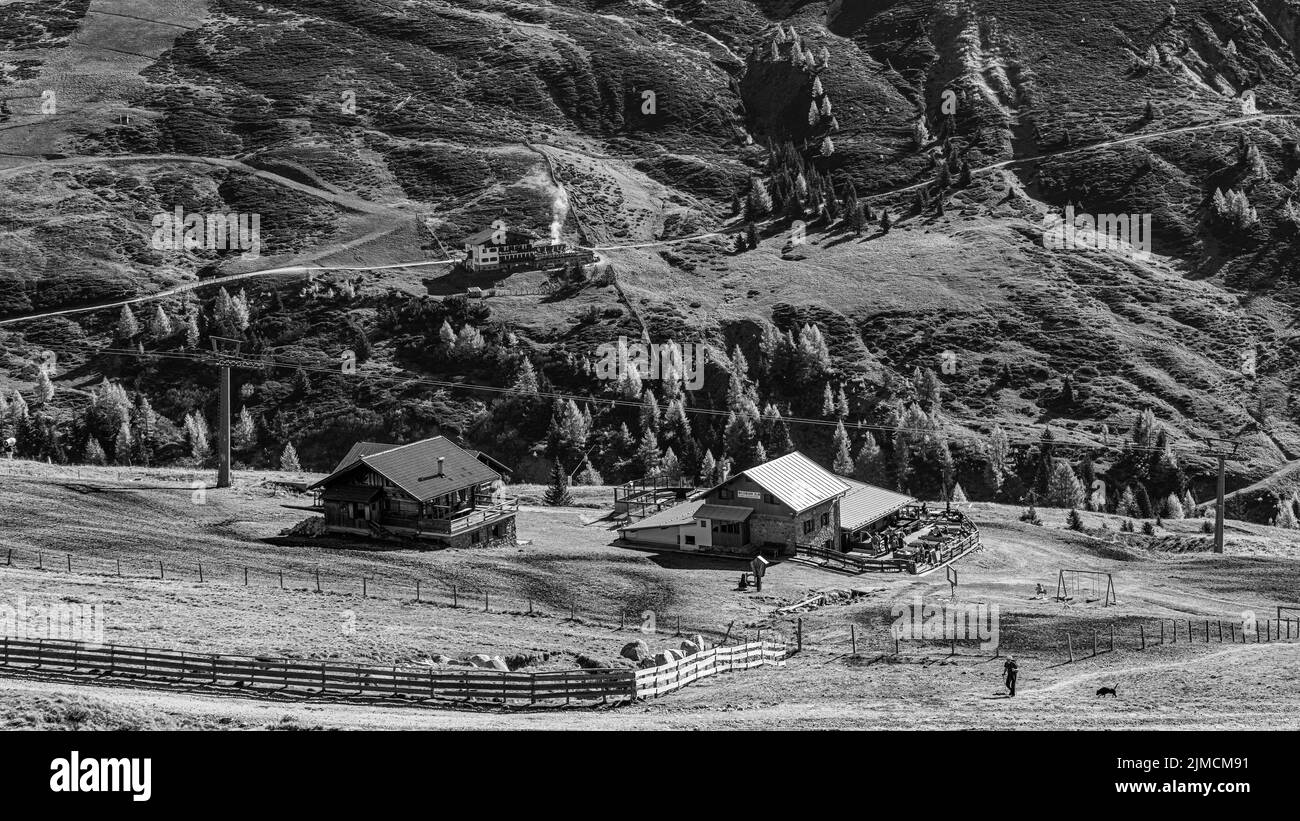 The Waidmannalm, in the back the Meraner Huette, black and white photo, skiing and hiking area Meran 2000, near Meran, South Tyrol, Italy Stock Photo