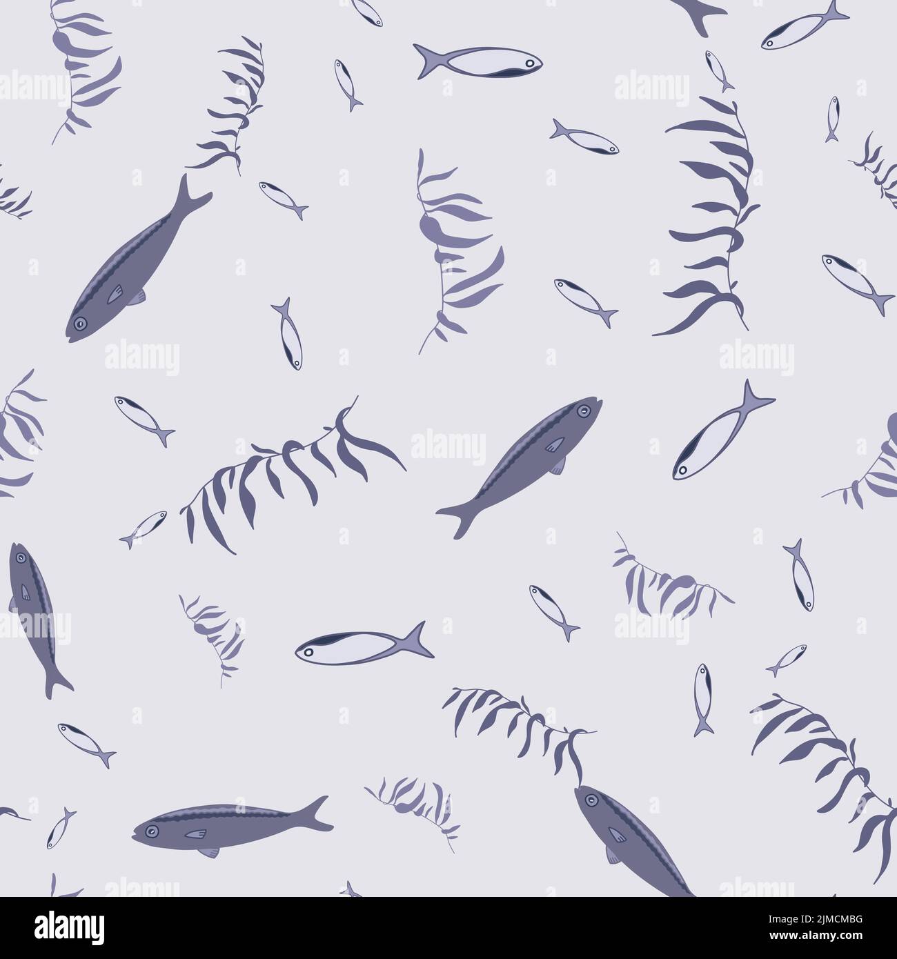 Fish and sea weed monochromatic seamless pattern. Stock Vector