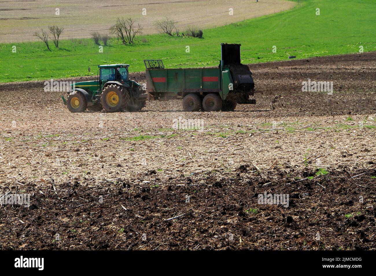 Duenger, Fertilizer spreader, Field, Dermbach, Thuringia, Germany, Europe Stock Photo
