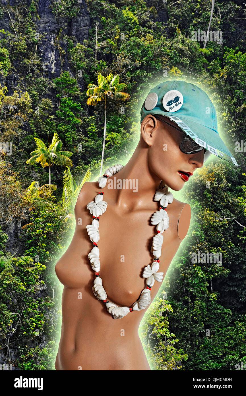 Composing, fashion doll with shell necklace in front of coconut palms Stock Photo