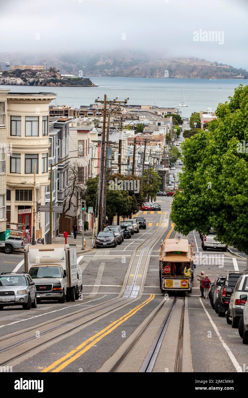 Steep section, historic tram, cable car, back Alcatraz, Powell and