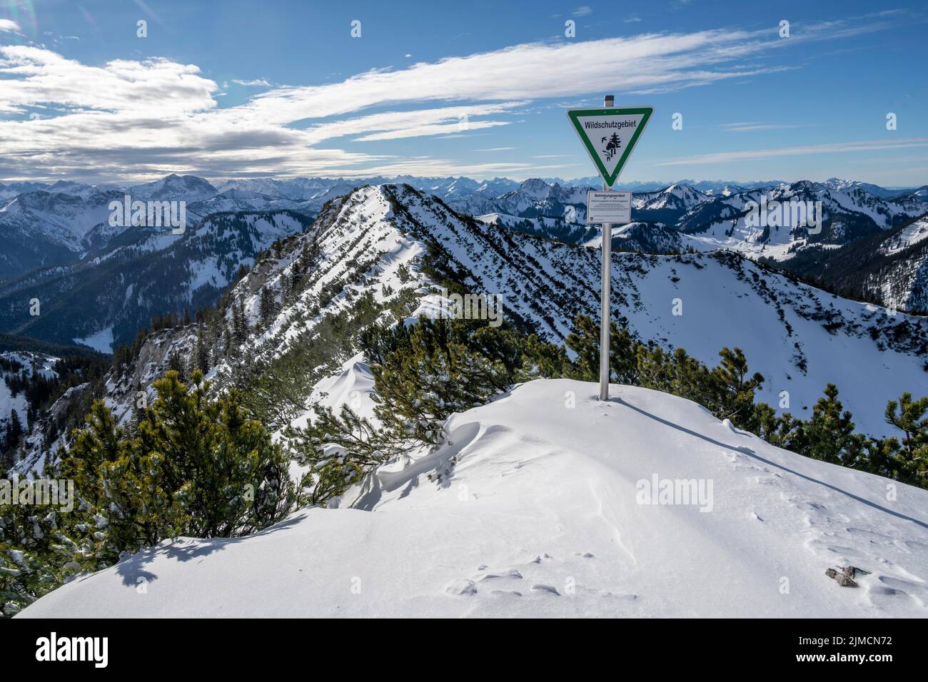 Game reserve, sign at the summit of Jagerkamp, mountains in winter, Schlierseer Berge, Mangfall mountains, Bavaria, Germany Stock Photo