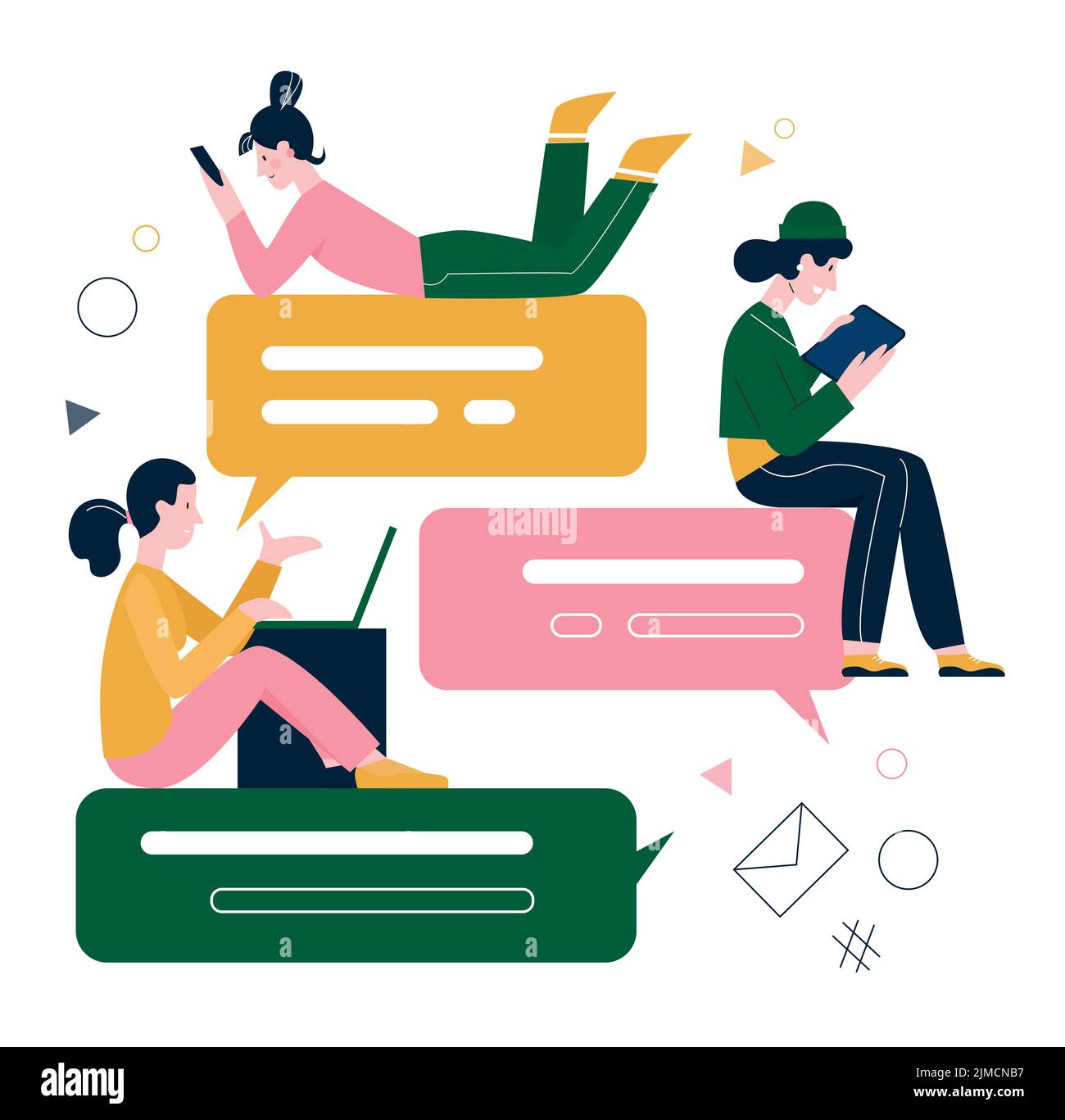 Chat messages and sms dialog in social media. Cartoon tiny people