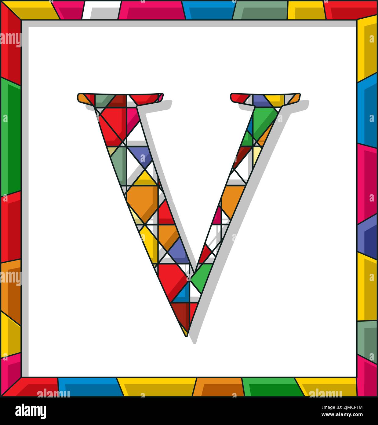Stained glass letter V over white background, framed vector Stock Photo