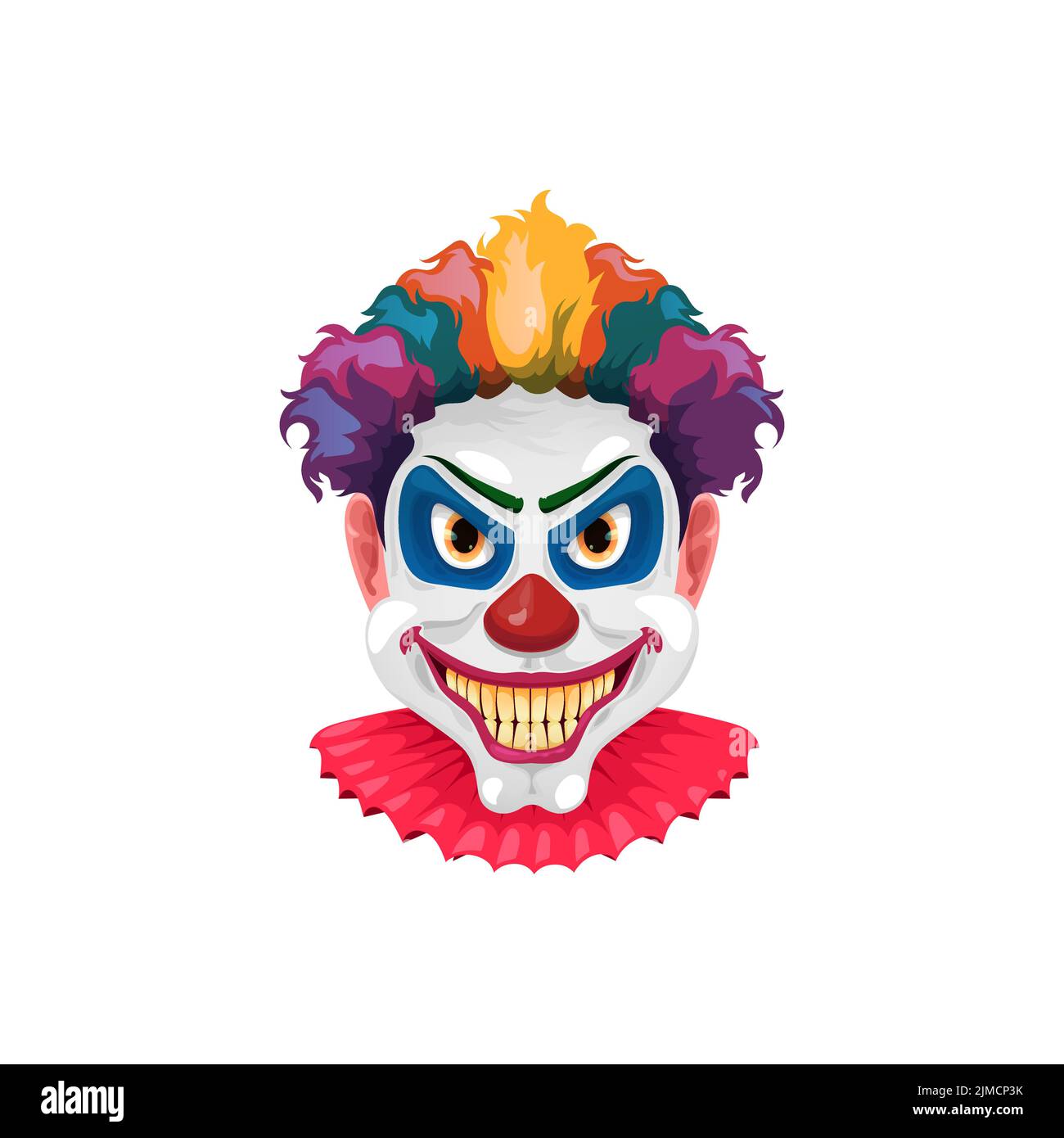 Scary circus monster face isolated clown cartoon character. Vector evil joker with yellow teeth, crazy smile, red noses and colored wigs. Halloween ho Stock Vector