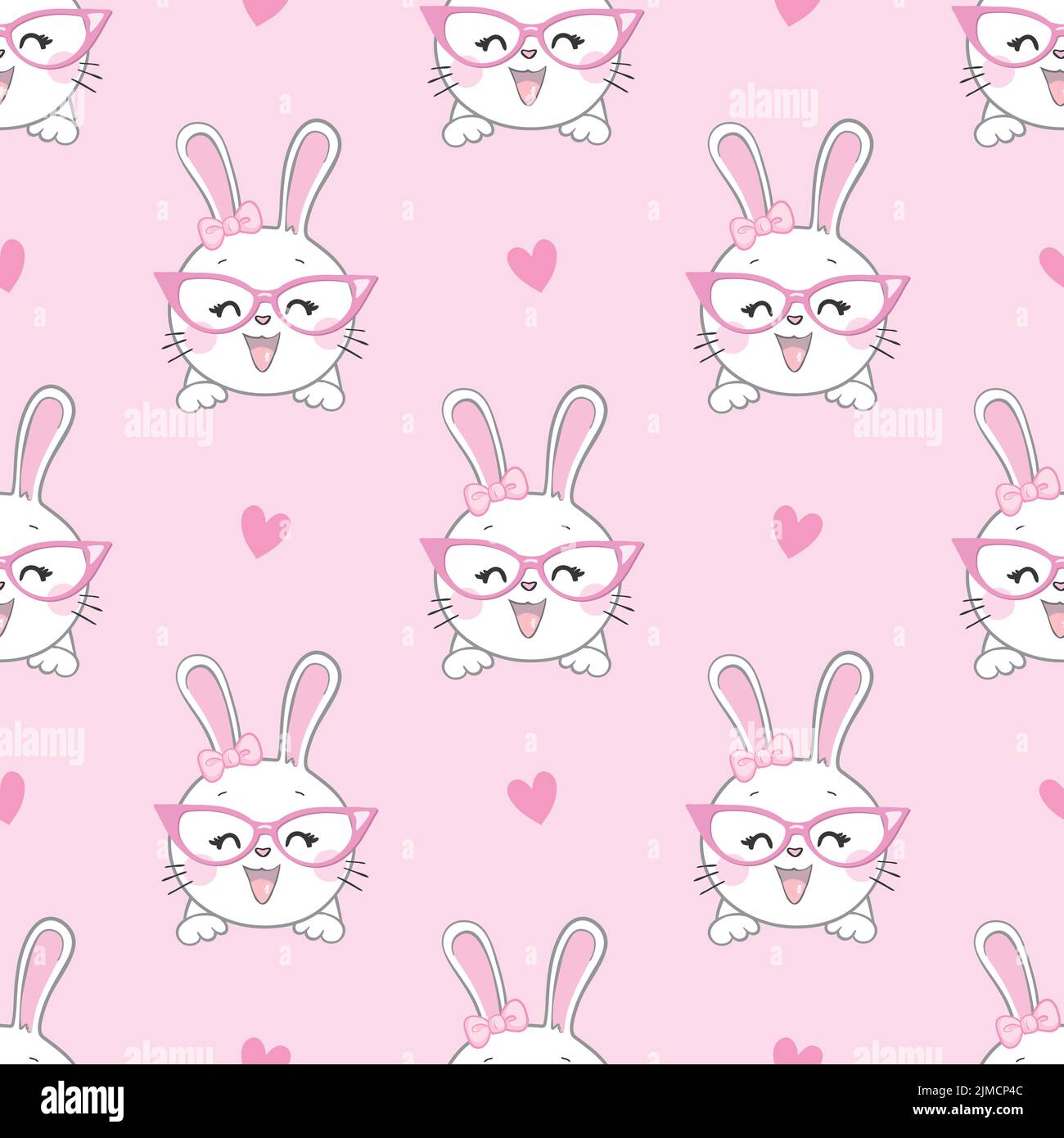 Seamless Pattern Rabbit and bow. Hand Drawn Bunny and heart, print ...