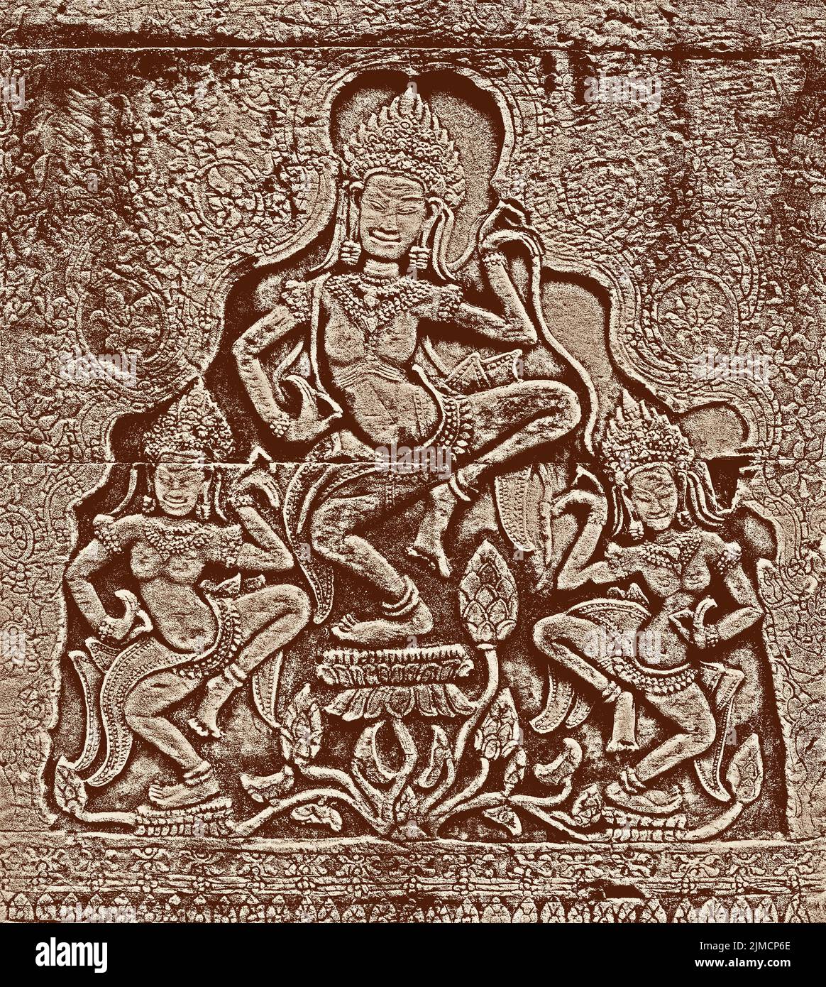 Historic Khmer bas-relief with dancing Hindu goddesses Stock Photo