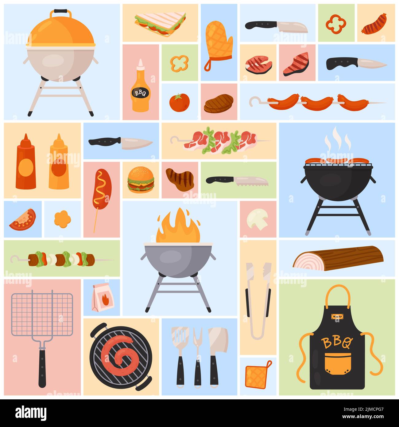 Bbq elements. Grill cooking tools for barbecue summer party, roasted on  fire meat food cartoon vector set Stock Vector Image & Art - Alamy