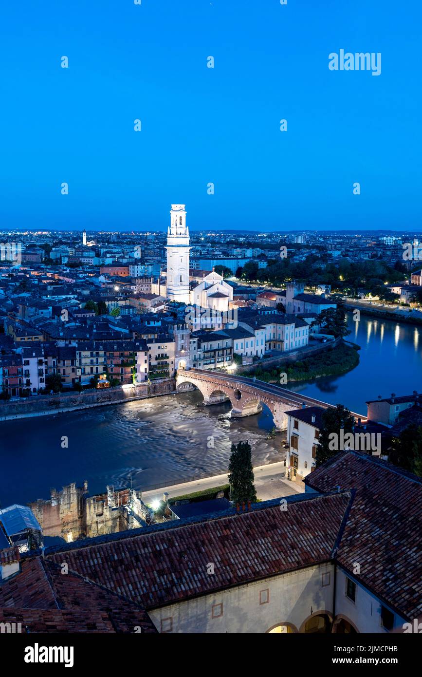 View from Castel San Pietro to Verona, city view with the river Adige, Ponte Pietra, Cathedral of Verona, Veneto, Italy Stock Photo