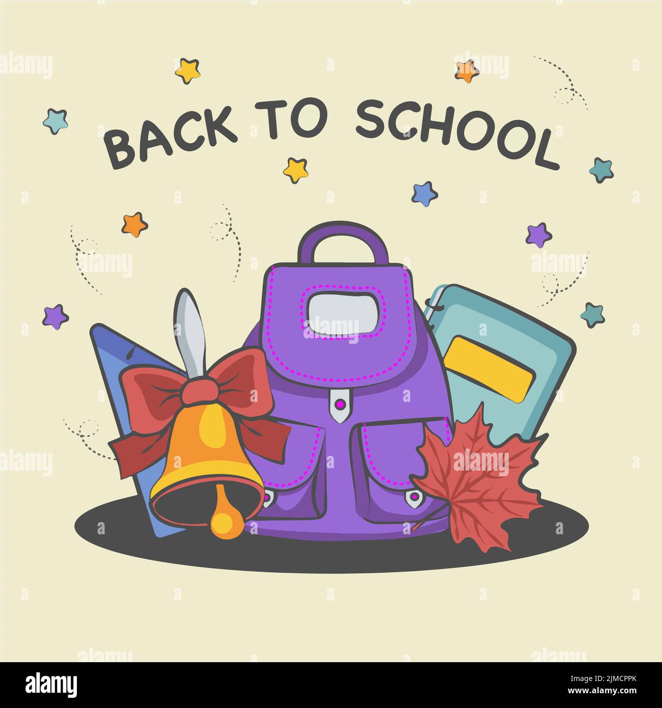 background back to school composition from the backpack bell in a notebook Stock Vector