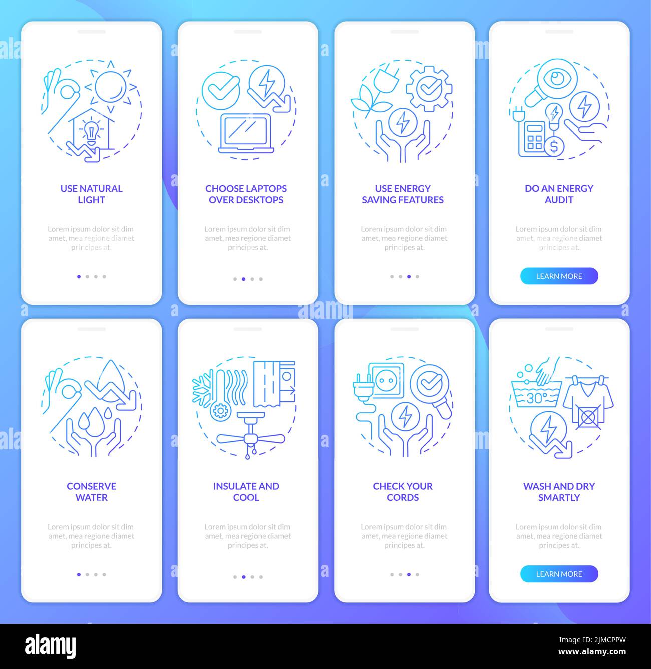 Energy efficiency blue gradient onboarding mobile app screen set Stock Vector