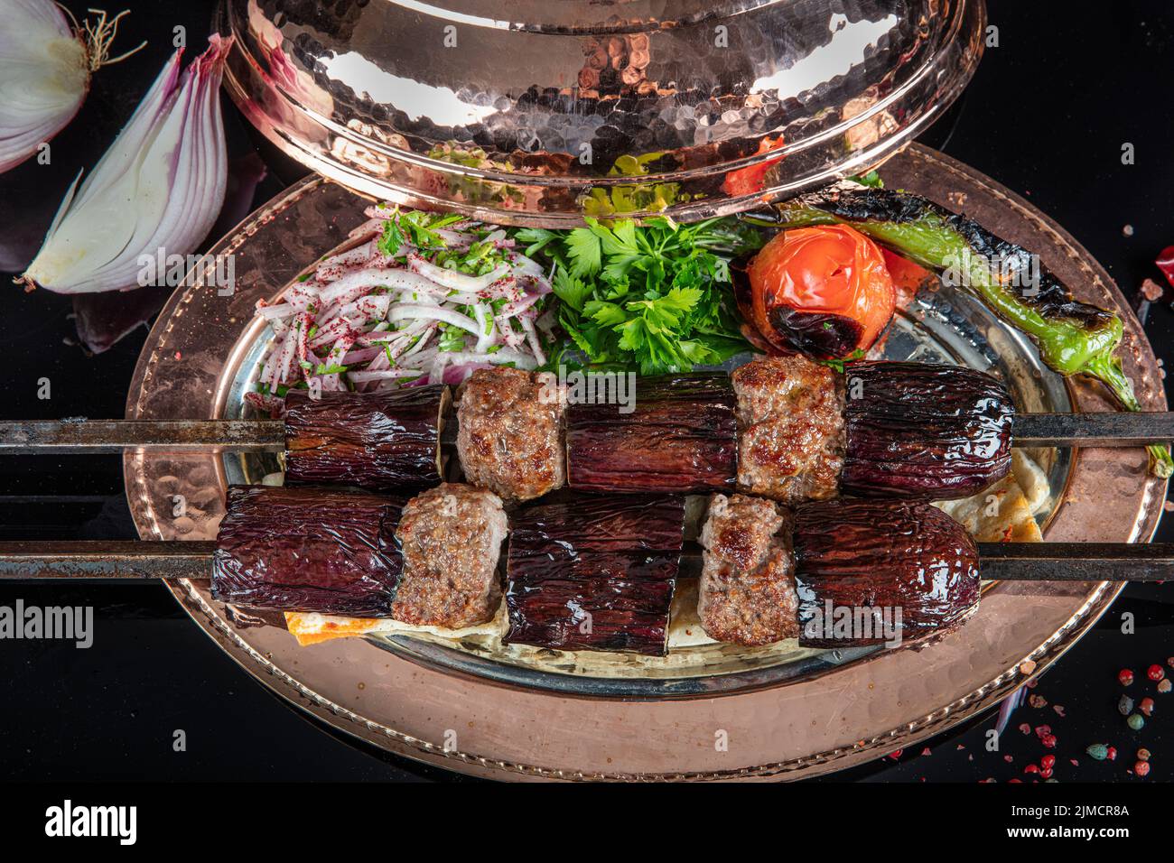Traditional Turkish kebabs. Eggplant kebab, Adana kebab. With tomatoes